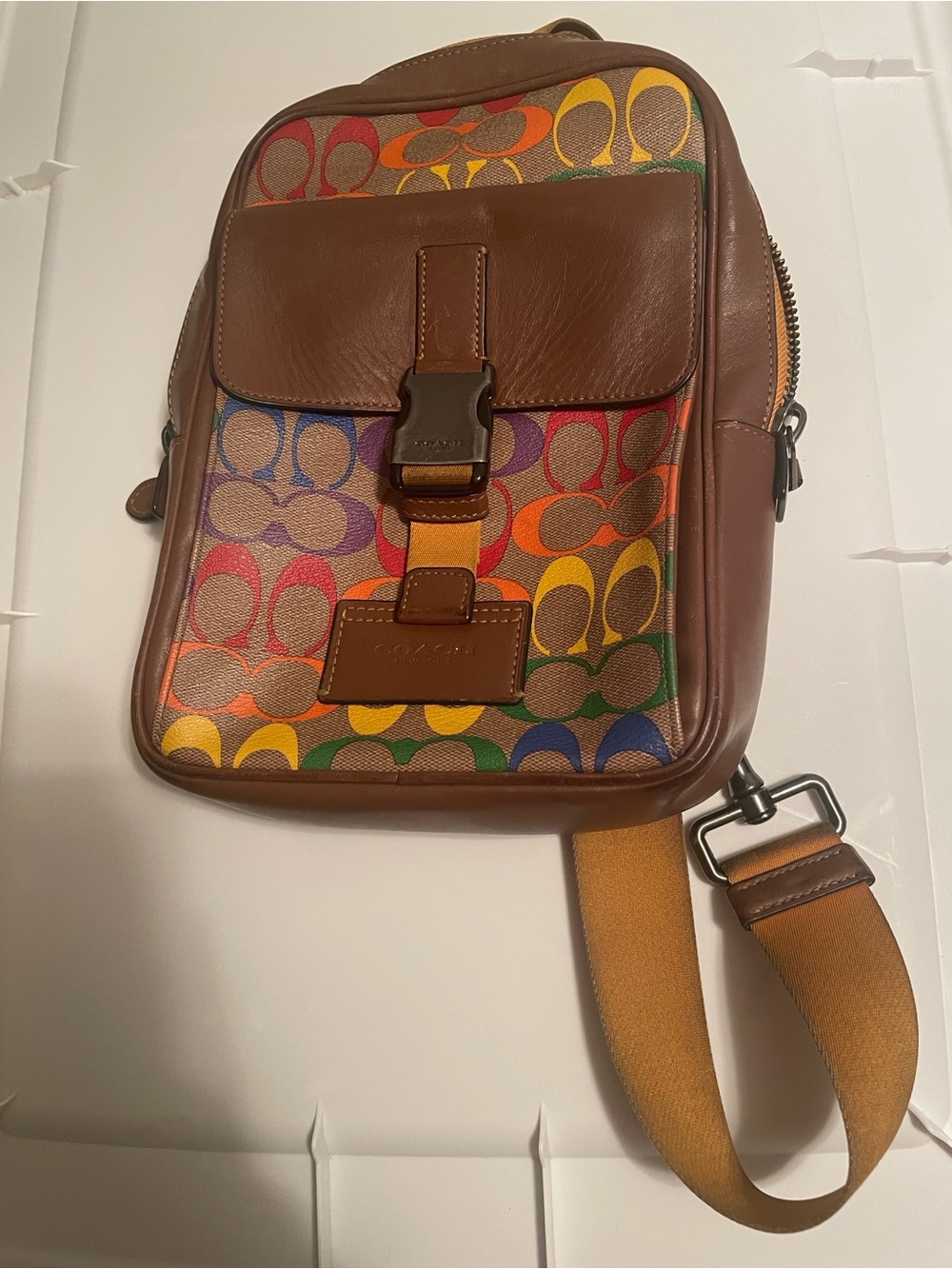 Coach Multicolor Signature Sling Bag with Brown Leather Trim Pride